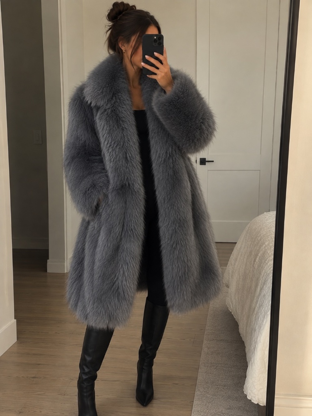 Genuine Fox Fur Coat - Silver Grey / Blue